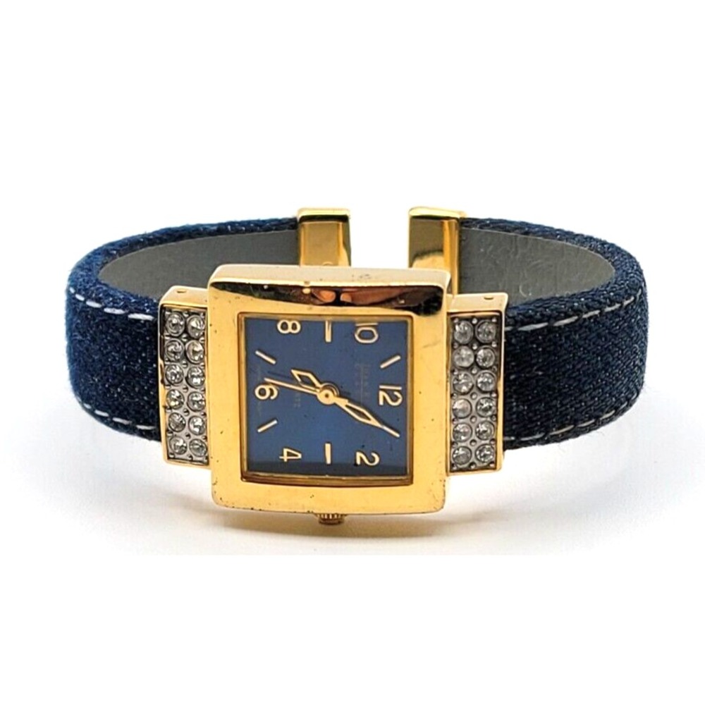 JOAN RIVERS DENIM BAND WATCH SILVER‎ TONE CRYSTAL ACCENT WOMEN V377